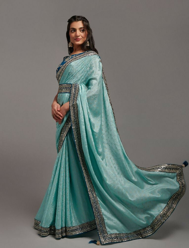 Sky Chinon Saree with Embroidery Lace and Matching Blouse
