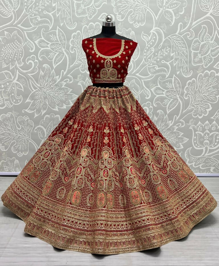 Red Velvet Wedding Lehenga Choli with Zircon Diamond Embroidery