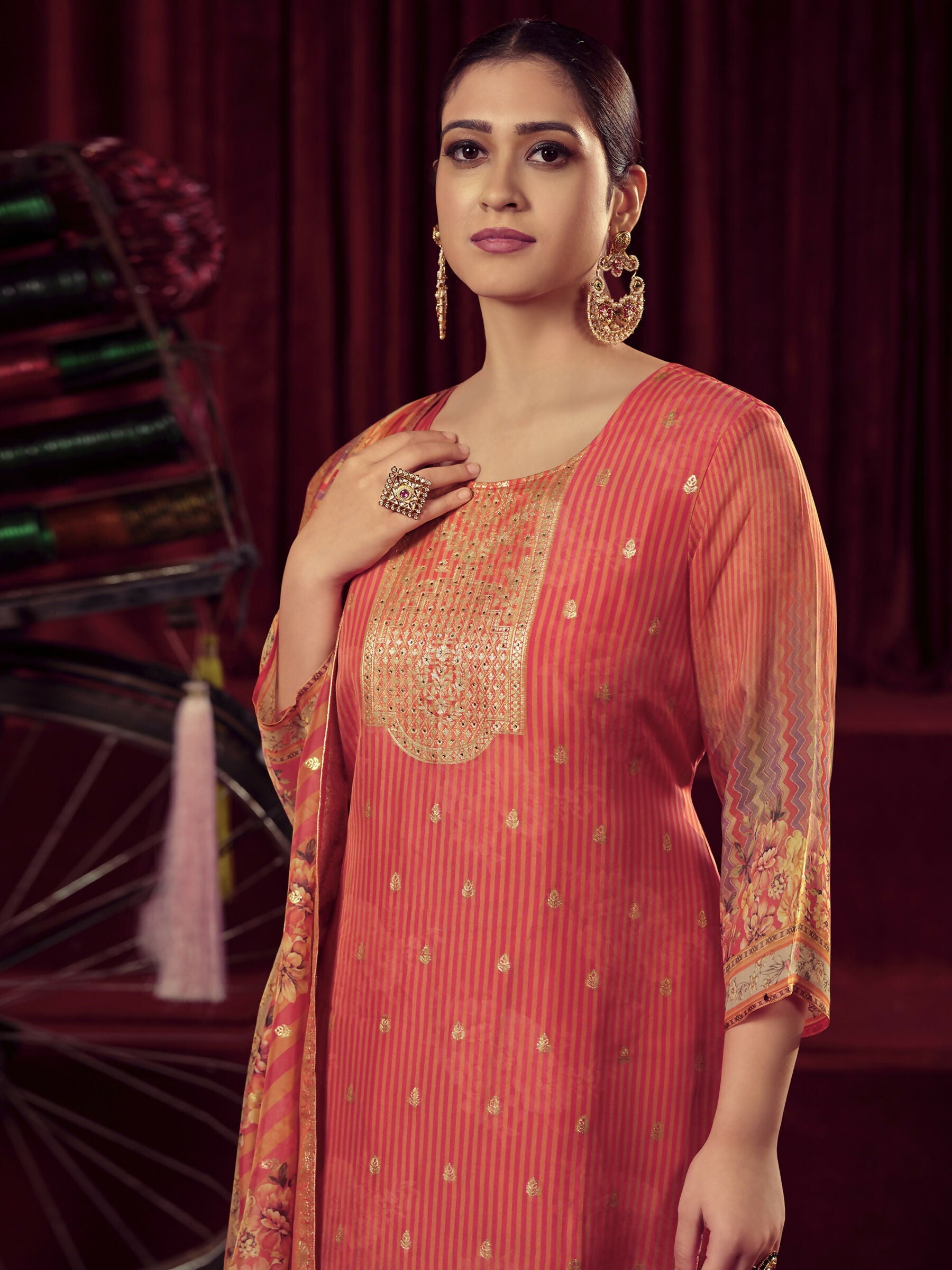 Women's Orange Organza Jacquard Straight Kurta Set with Dupatta