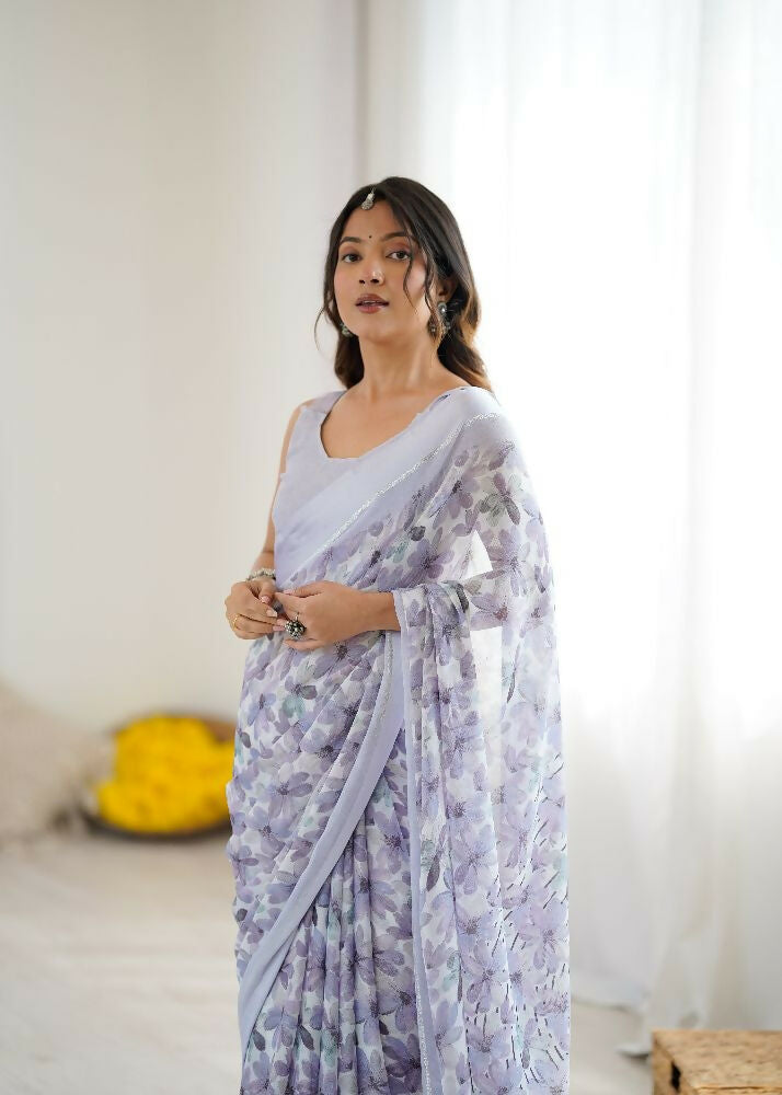 Light Purple Floral Print Satin Saree with Matching Blouse