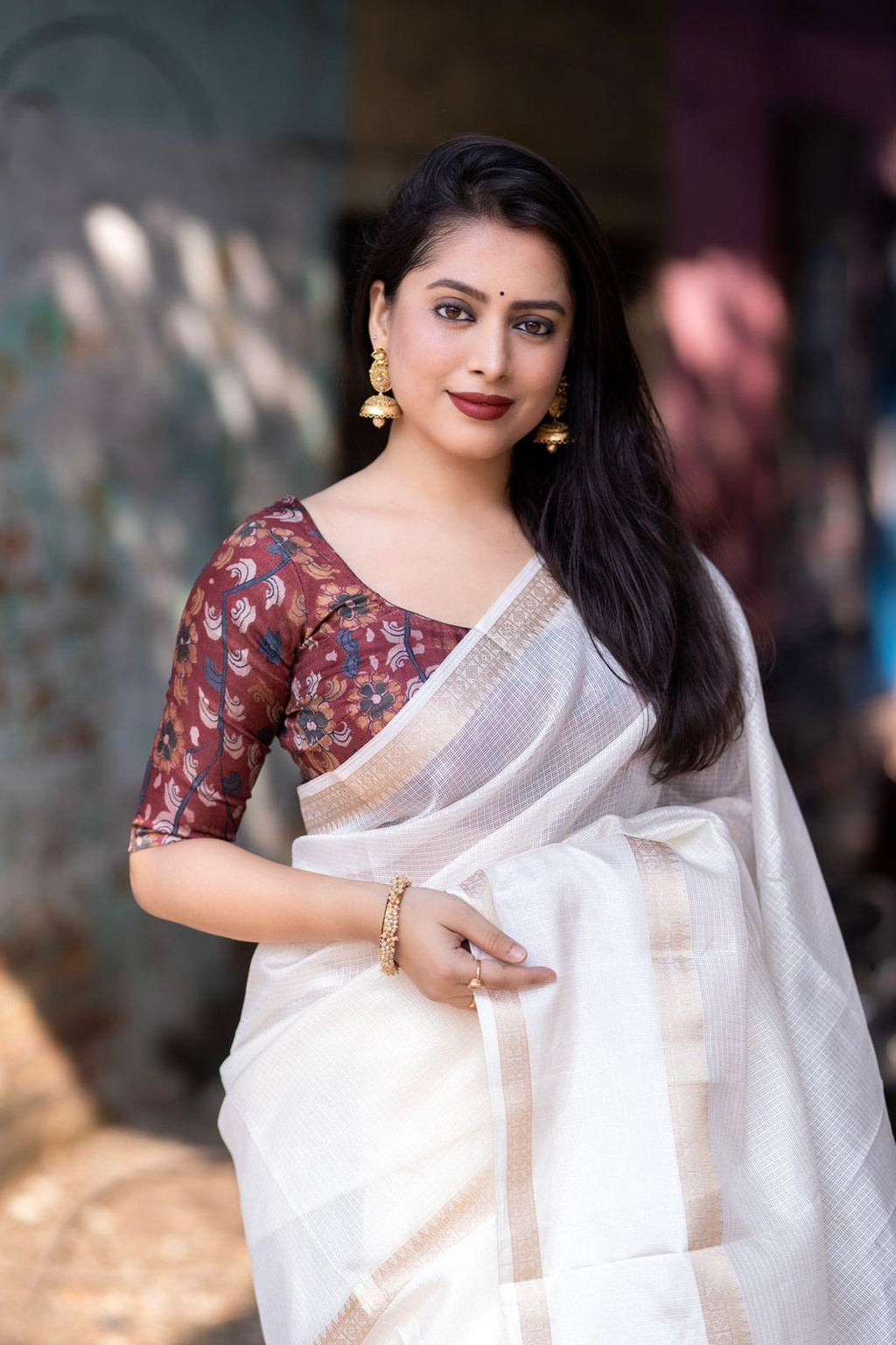 White Silk Blend Kalamkari Saree with Zari Border