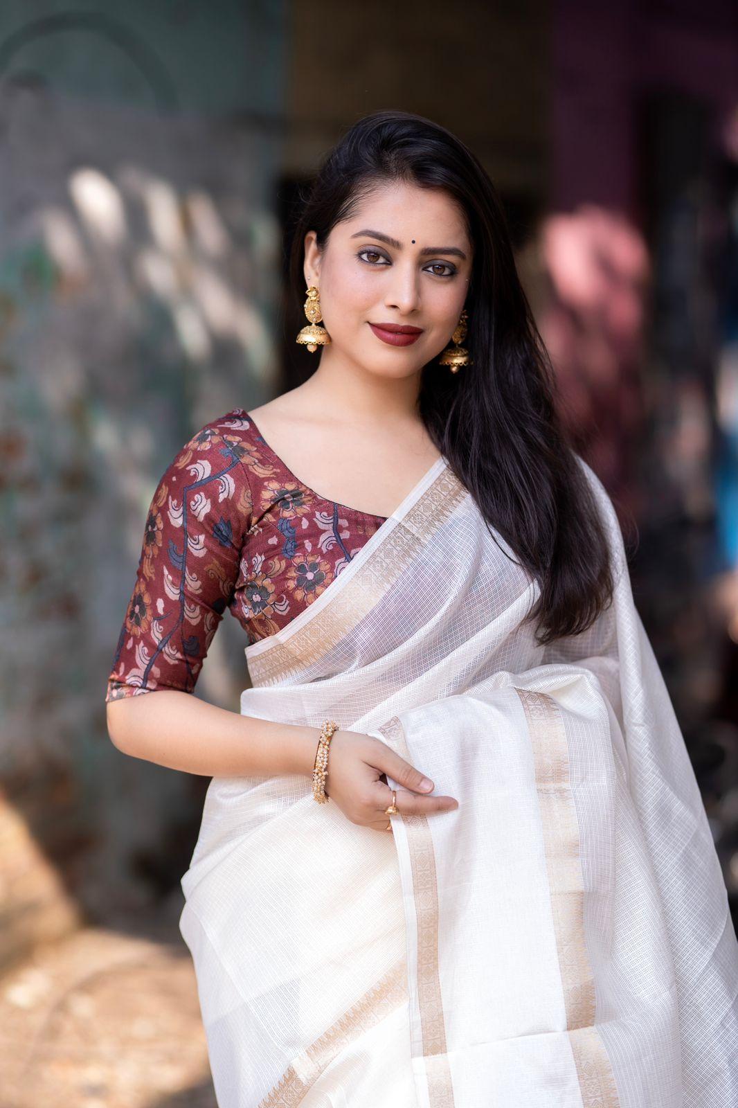 White Silk Blend Kalamkari Saree with Zari Border