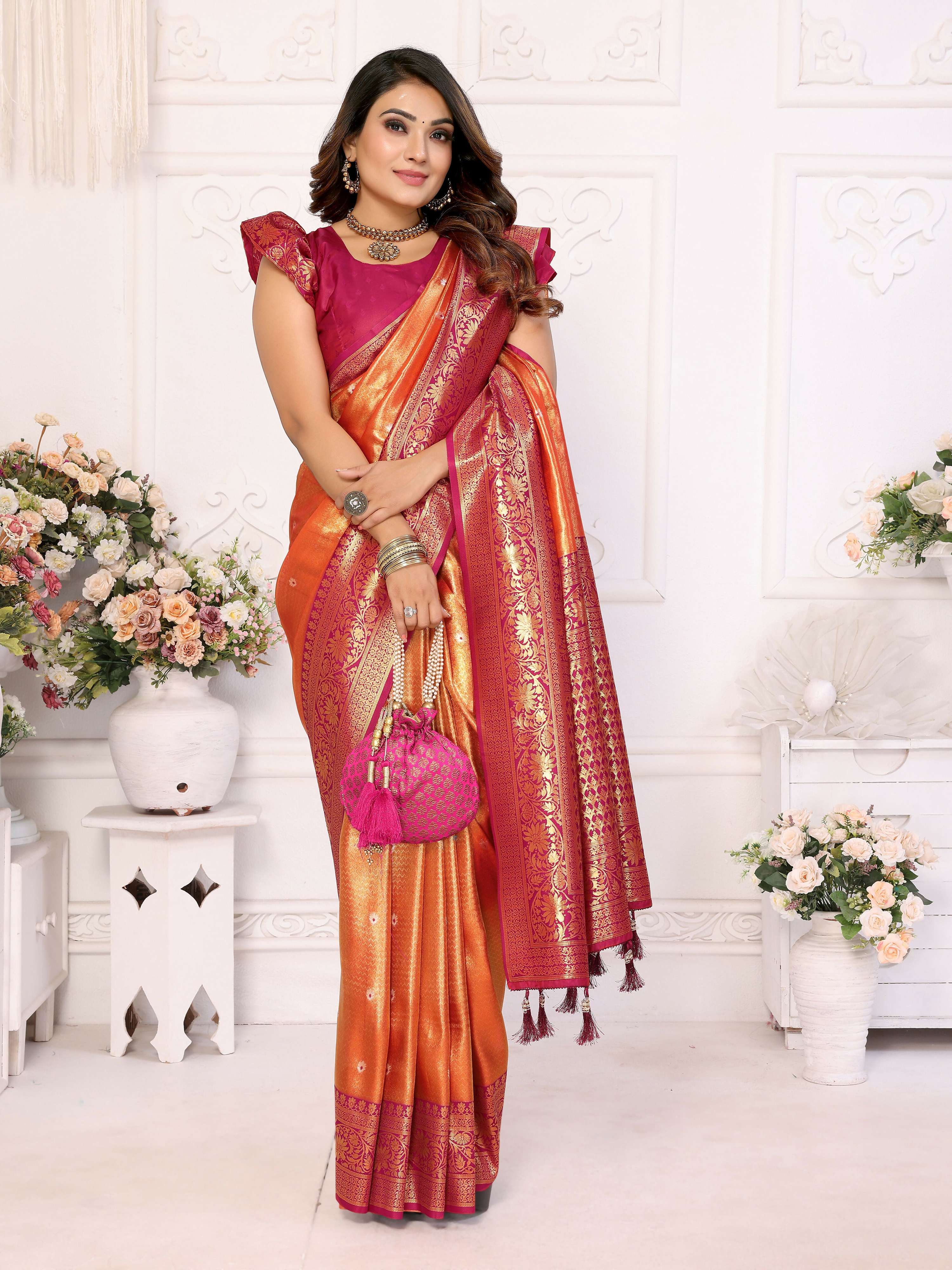 Orange Tissue Silk Woven Saree with Intricate Details