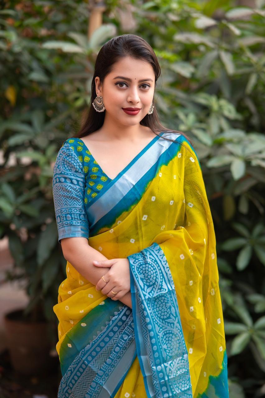 Yellow Jute Silk Ethnic Bandhani Print Saree with Broaso Border