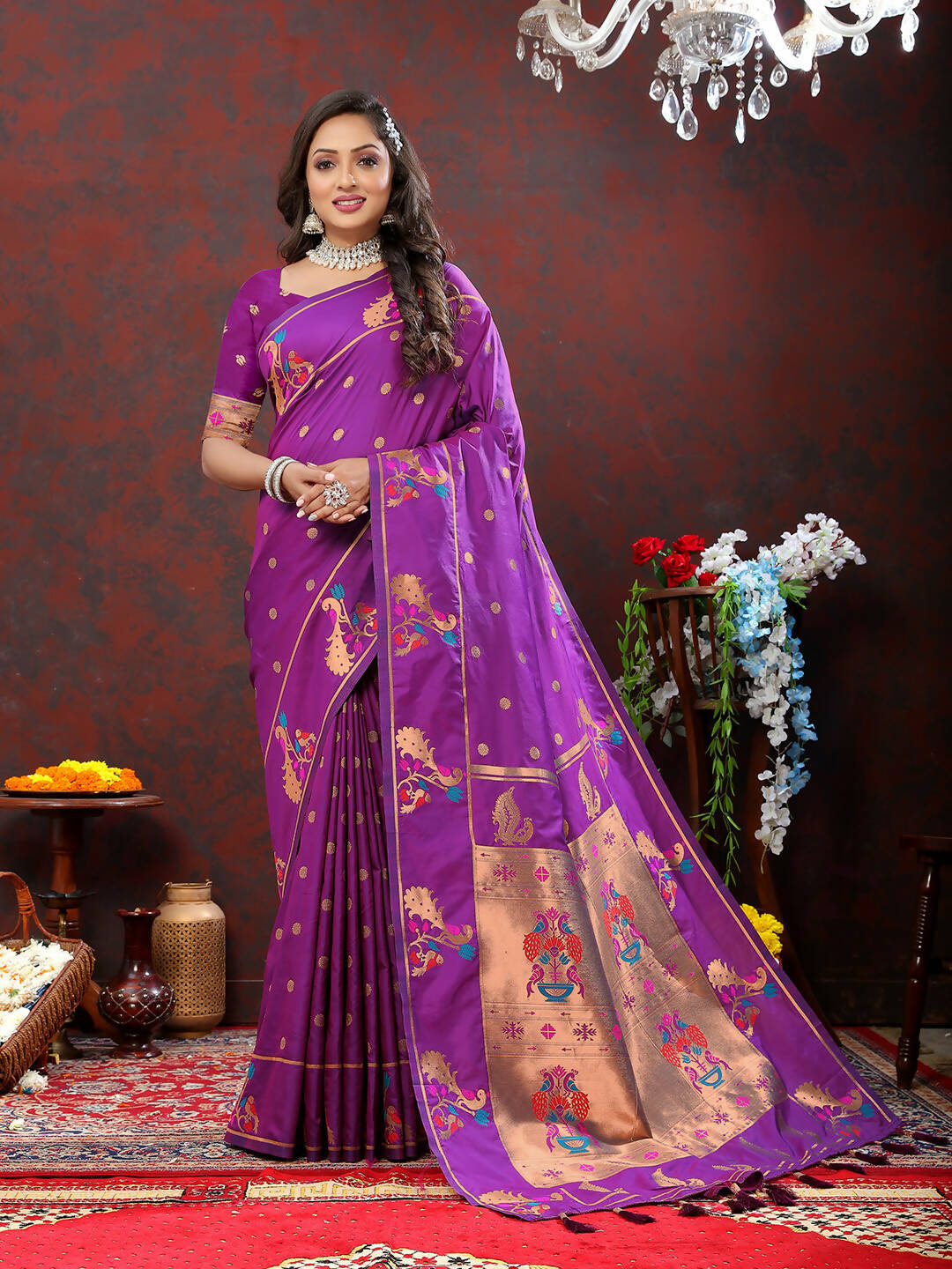 Lorenvalley Fashion Wine Soft Paithani Silk Woven Design Copper Zari Meenakari Weaving Saree