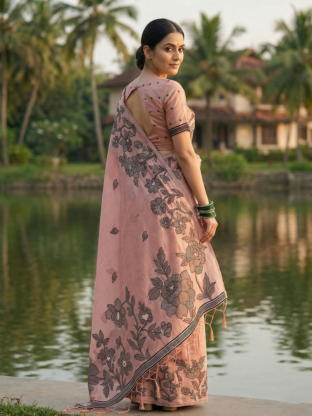 Peach Linen Cotton Saree with Matching Blouse Piece