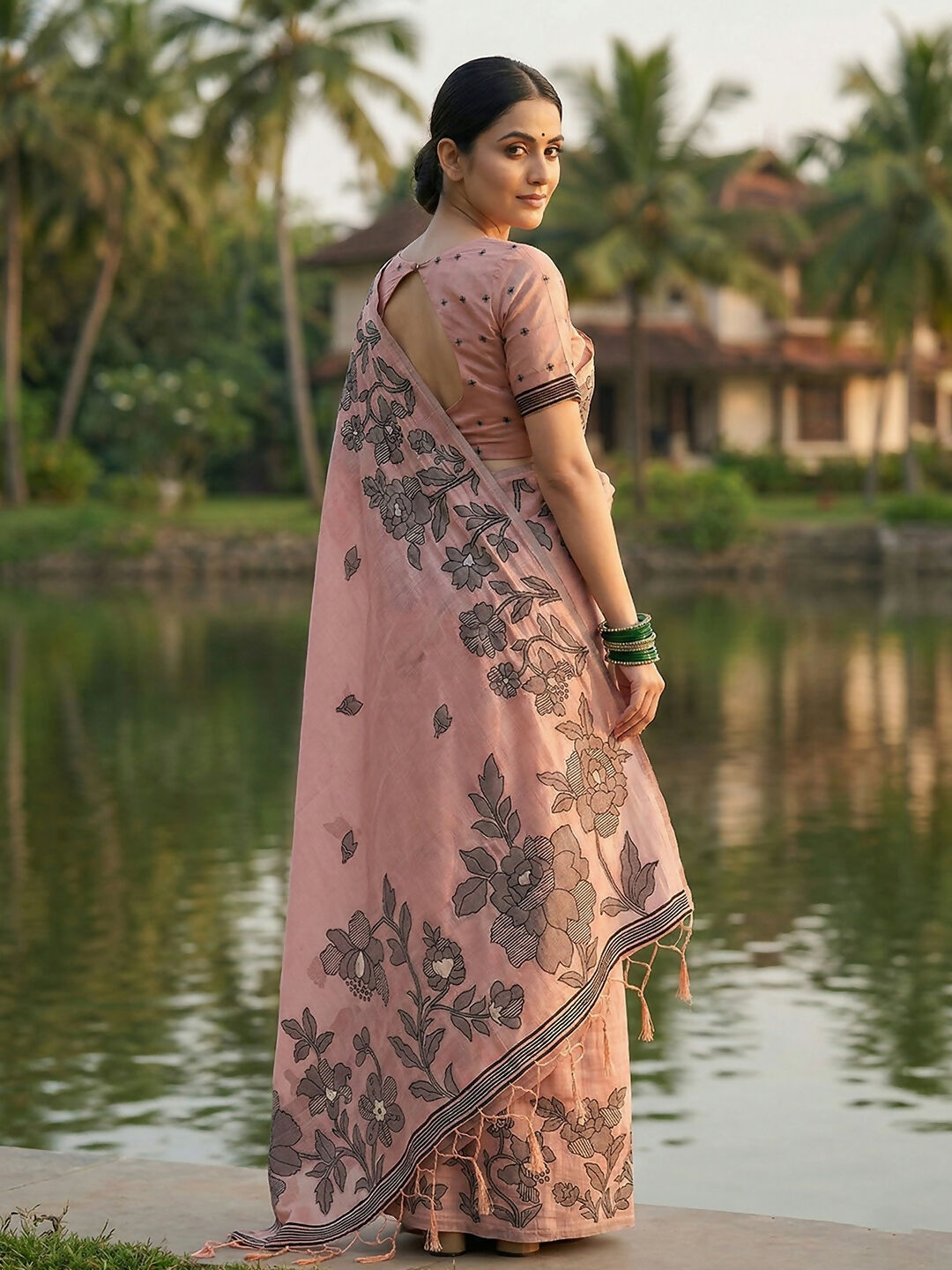 Peach Linen Cotton Saree with Matching Blouse Piece