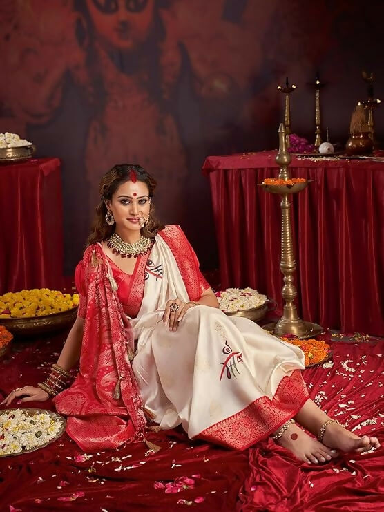 Off White Satin Silk Saree with Floral Print and Red Blouse