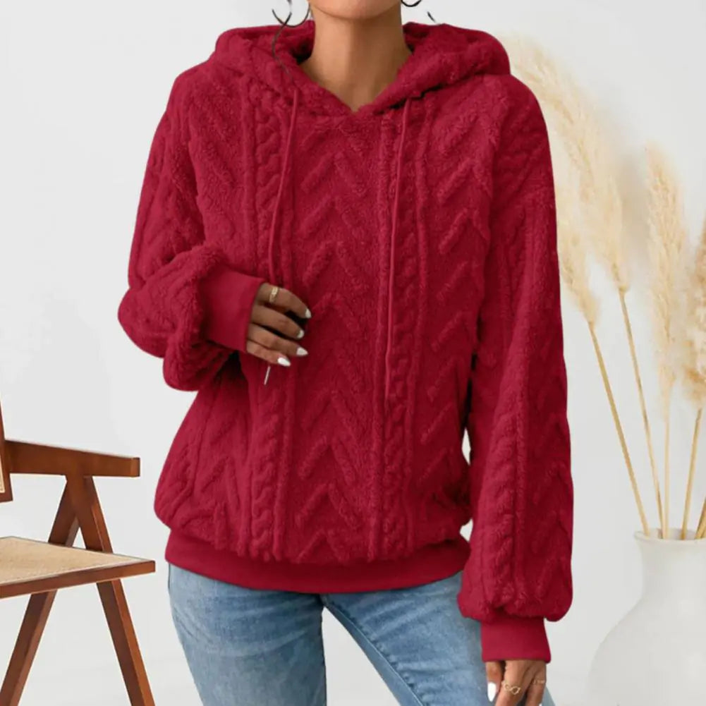 Women's Plush Textured Pullover Hoodie with Drawstring - Image 20