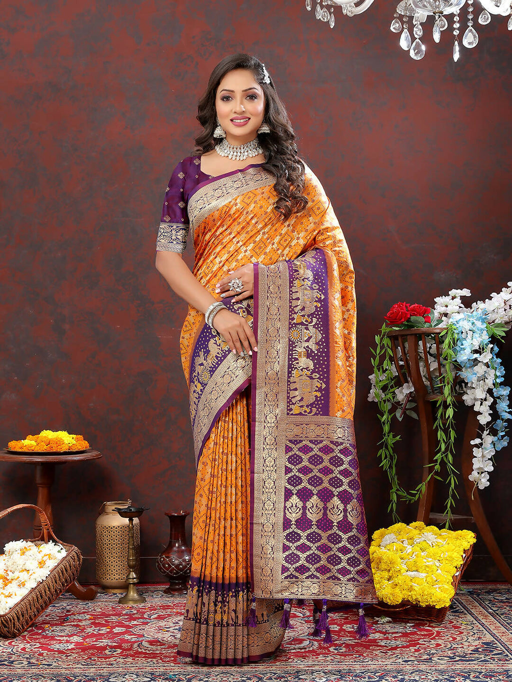Orange & Wine Patola Silk Saree with Traditional Meenakari Work