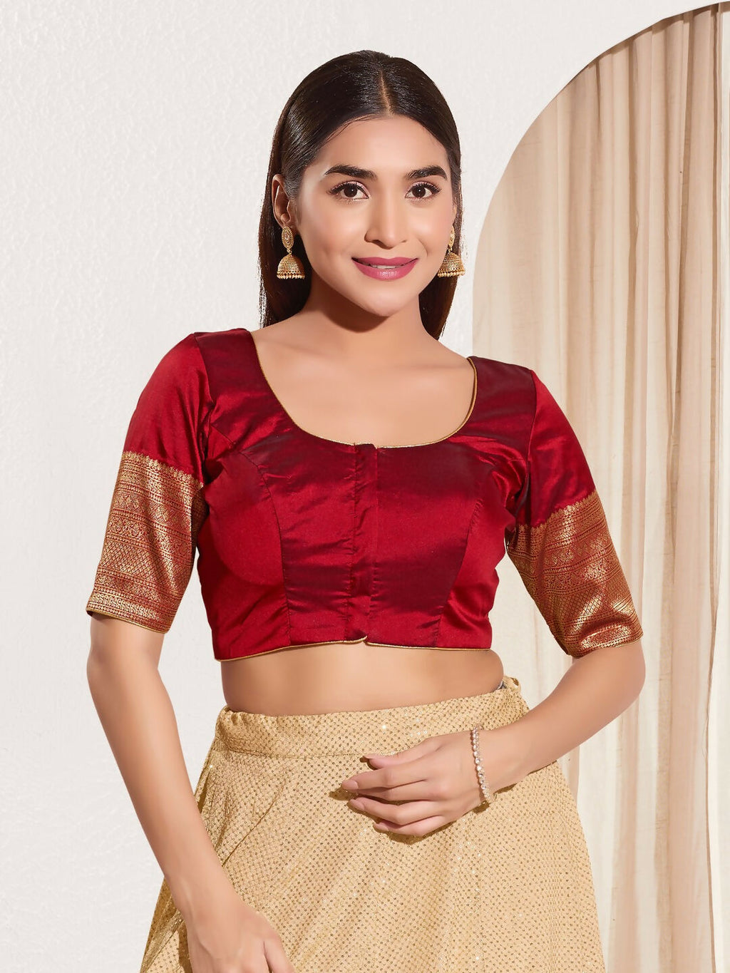 Maroon Taffeta Silk Padded Blouse with Round Neck