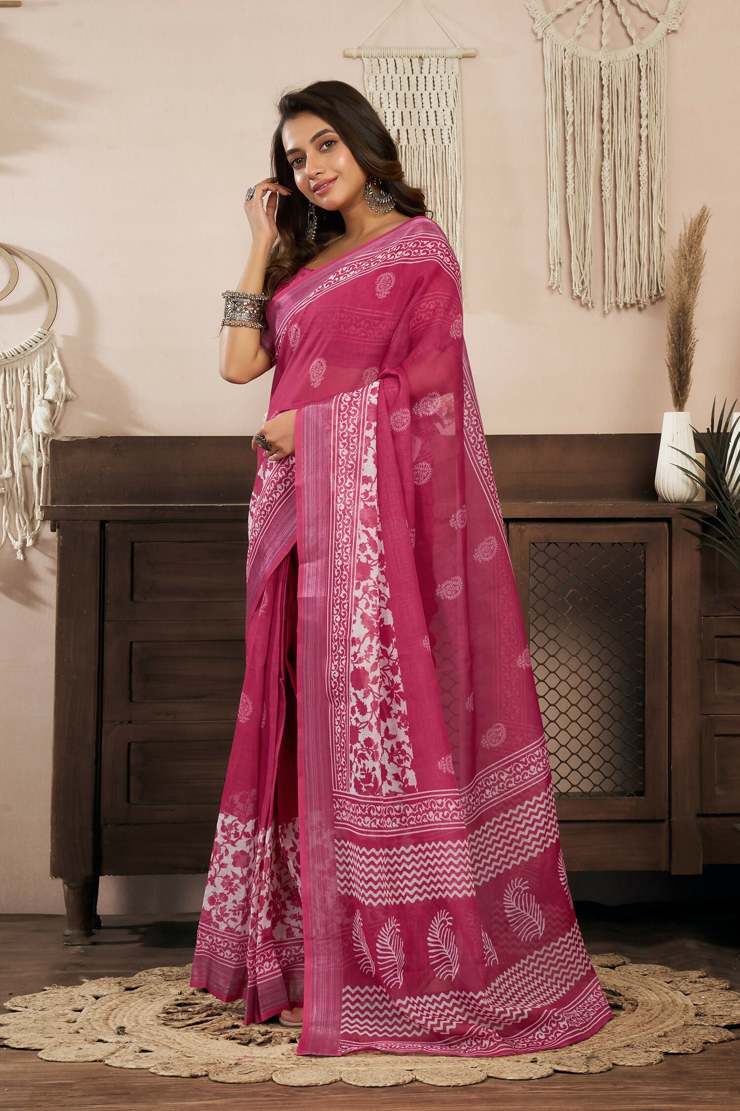 Pink Floral Linen Ready To Wear Saree With Unstitched Blouse