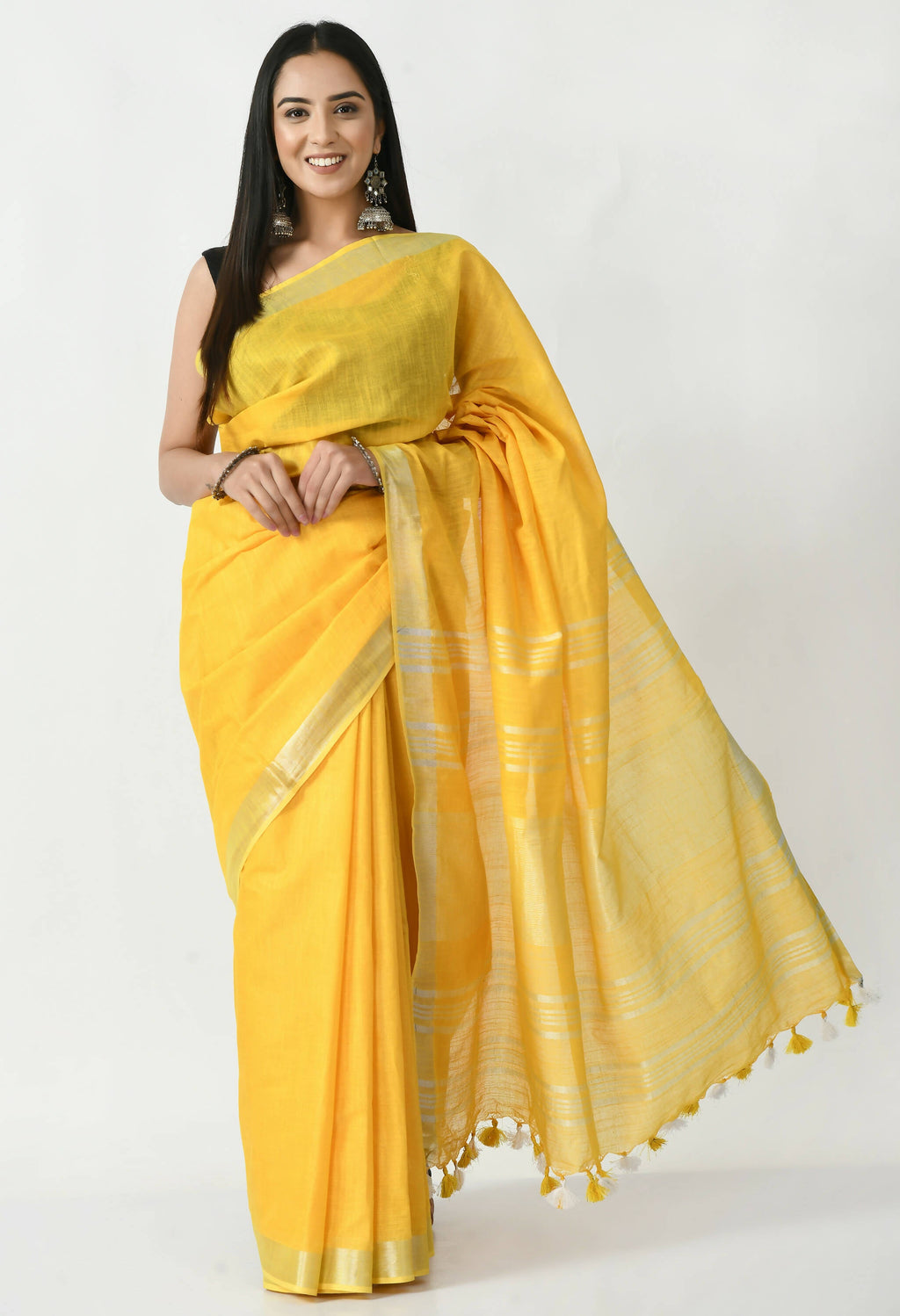 Bright Yellow Bhagalpuri Handloom Silk Linen saree with silver trim and matching blouse fabric