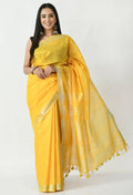 Bright Yellow Bhagalpuri Handloom Silk Linen saree with silver trim and matching blouse fabric