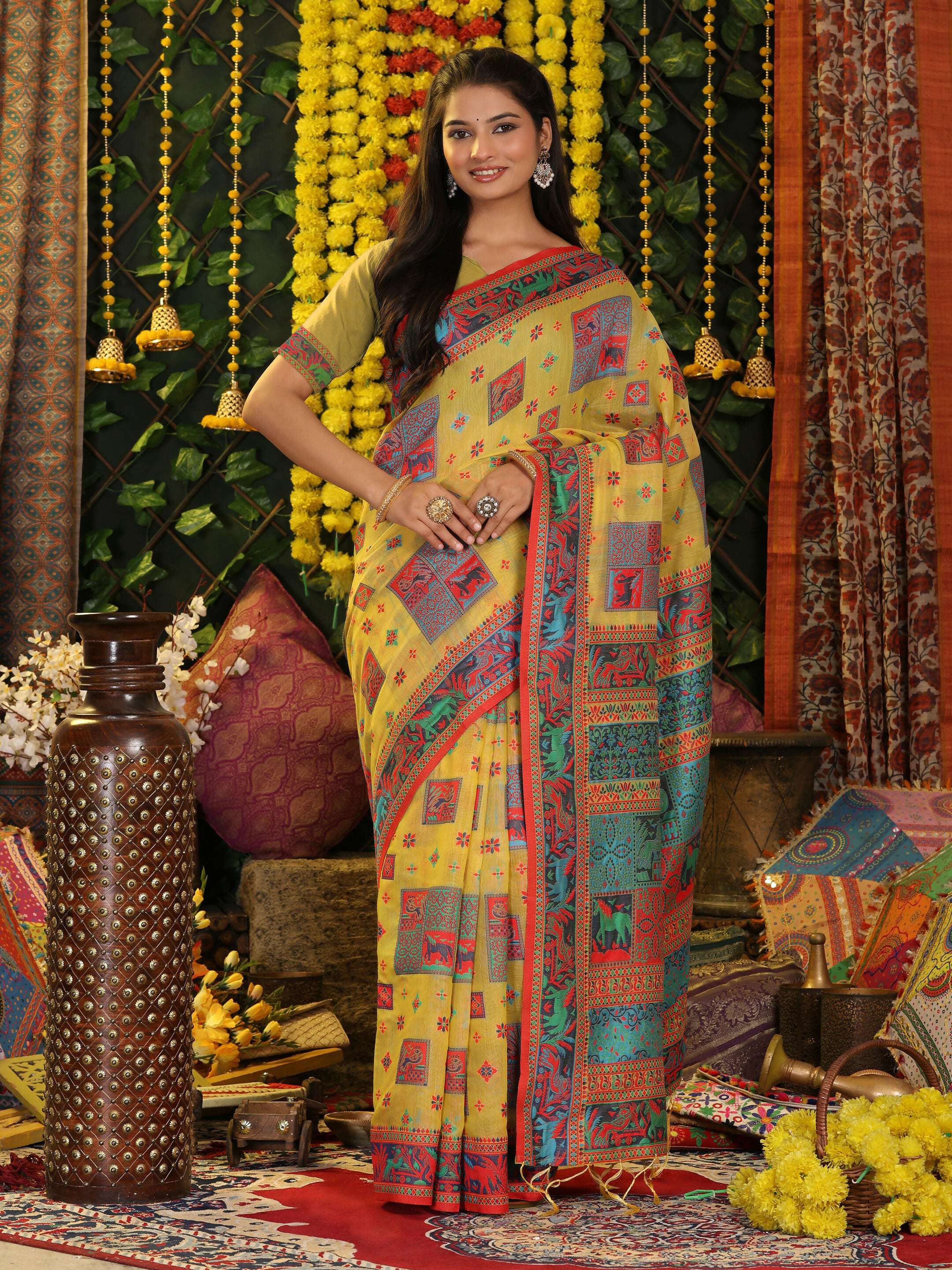 Yellow Linen Cotton Saree with Matching Blouse Piece