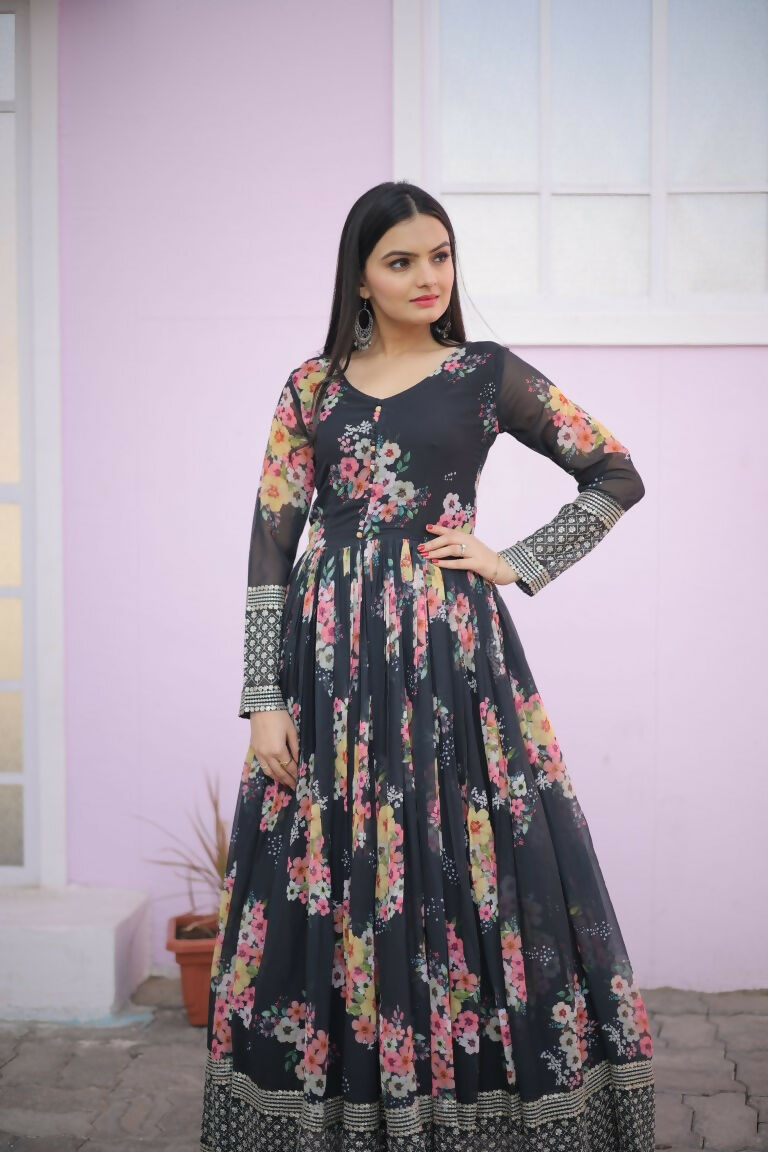 Women's Black Floral Sequence Zari Embroidered Anarkali Dress