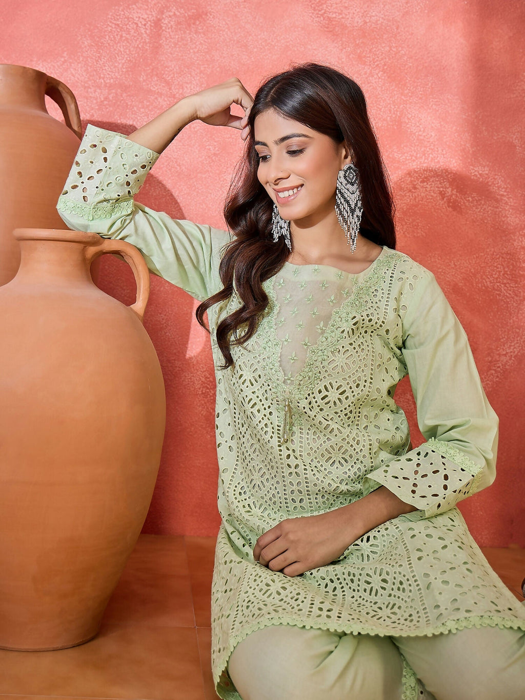Green Pure Cotton Embroidered Co-ord Set with 3/4 Sleeve Kurti