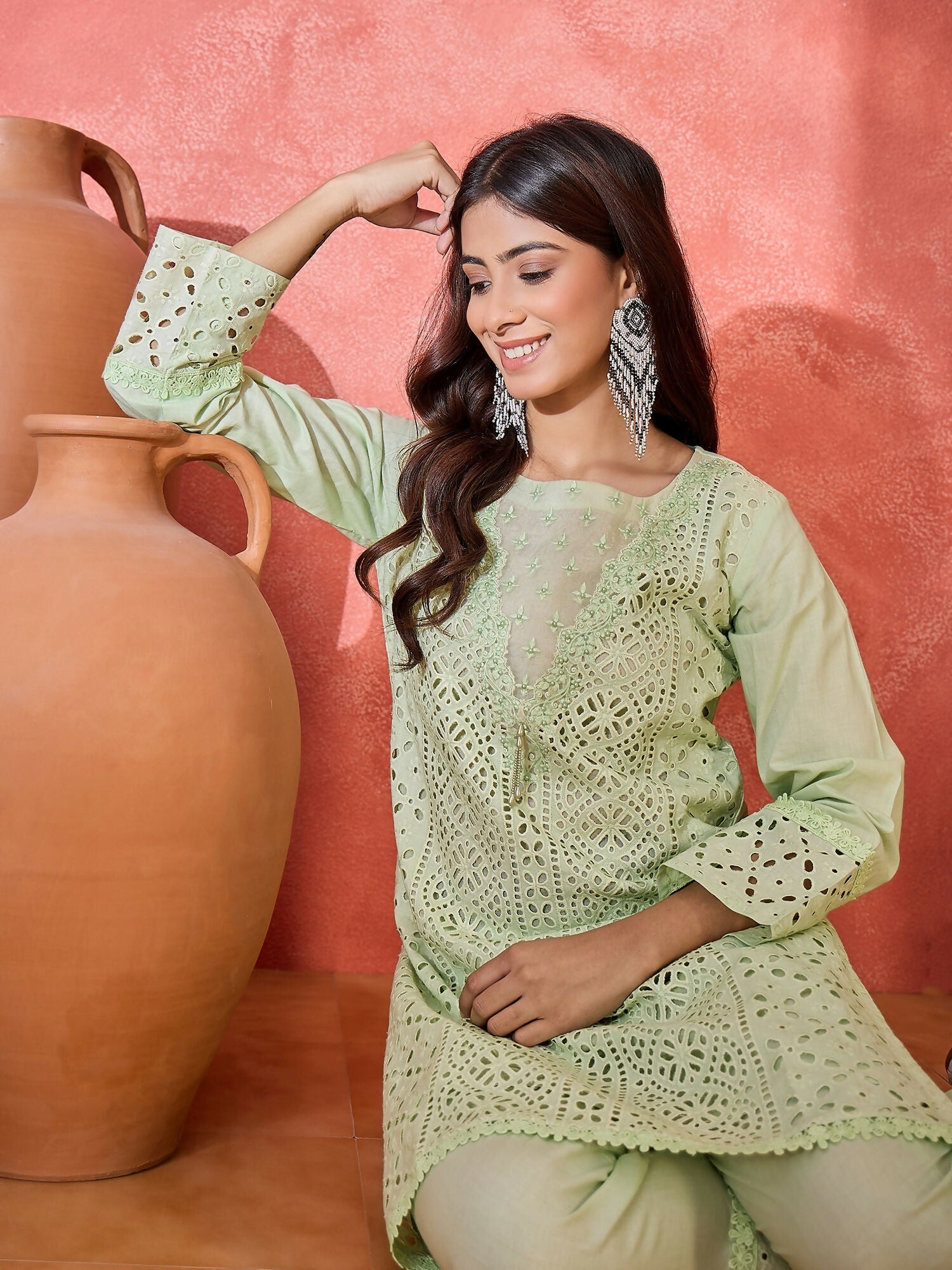 Green Pure Cotton Embroidered Co-ord Set with 3/4 Sleeve Kurti