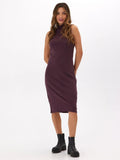 Model wearing a sleeveless dark purple Luxe Rib midi dress with a high neck and bodycon fit.