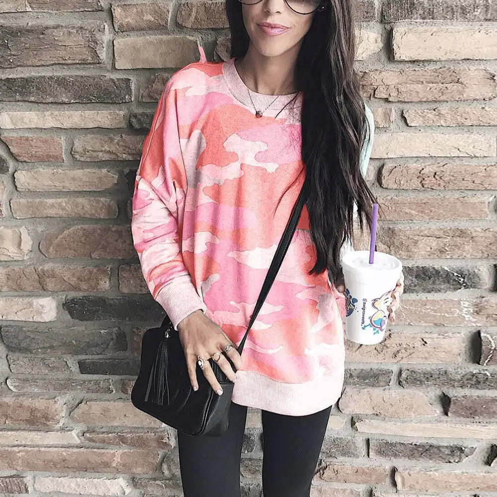 Women's Camouflage Print Round Neck Long Sleeve Pullover Sweatshirt - Image 7