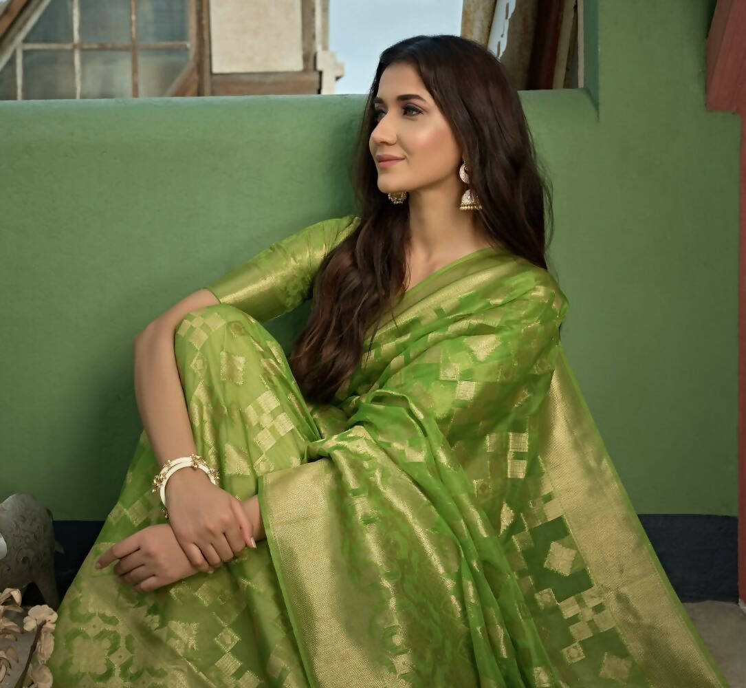Glamorous Parrot Green Organza Silk Saree with Intricate Weaving