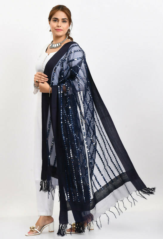 Women's Navy Blue Organza Mirror Stripe Thread Work Dupatta