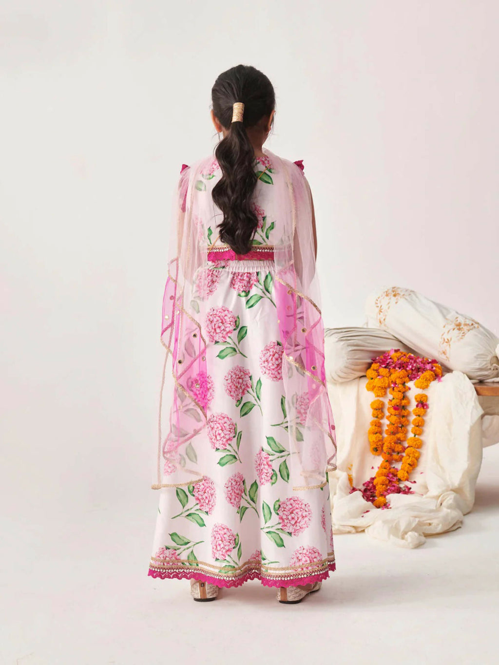 Girl's Pink & White Lehenga Choli Set with Cotton Skirt