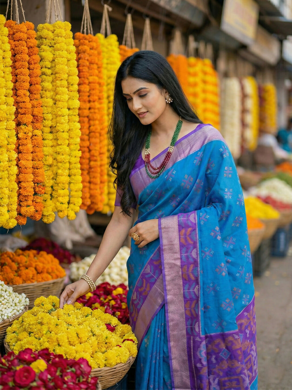 Blue Pochampally Silk Saree with Matching Blouse Piece