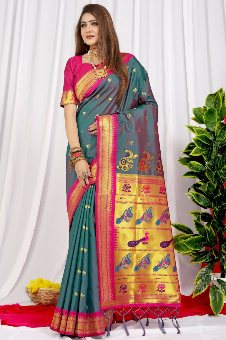 Grey Paithani silk saree with intricate zari weaving and contrasting magenta blouse