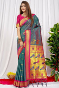 Grey Paithani silk saree with intricate zari weaving and contrasting magenta blouse