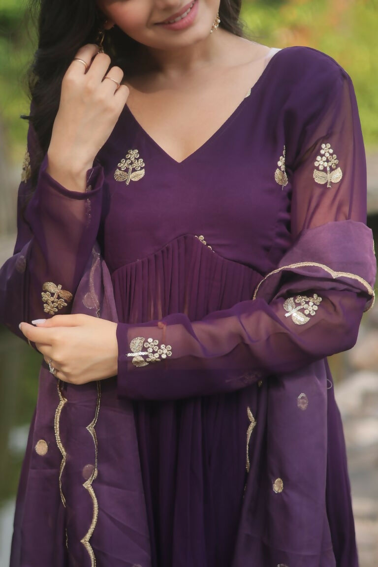 Women's Wine Faux Blooming A-Line Embroidered Kurta Set with Dupatta