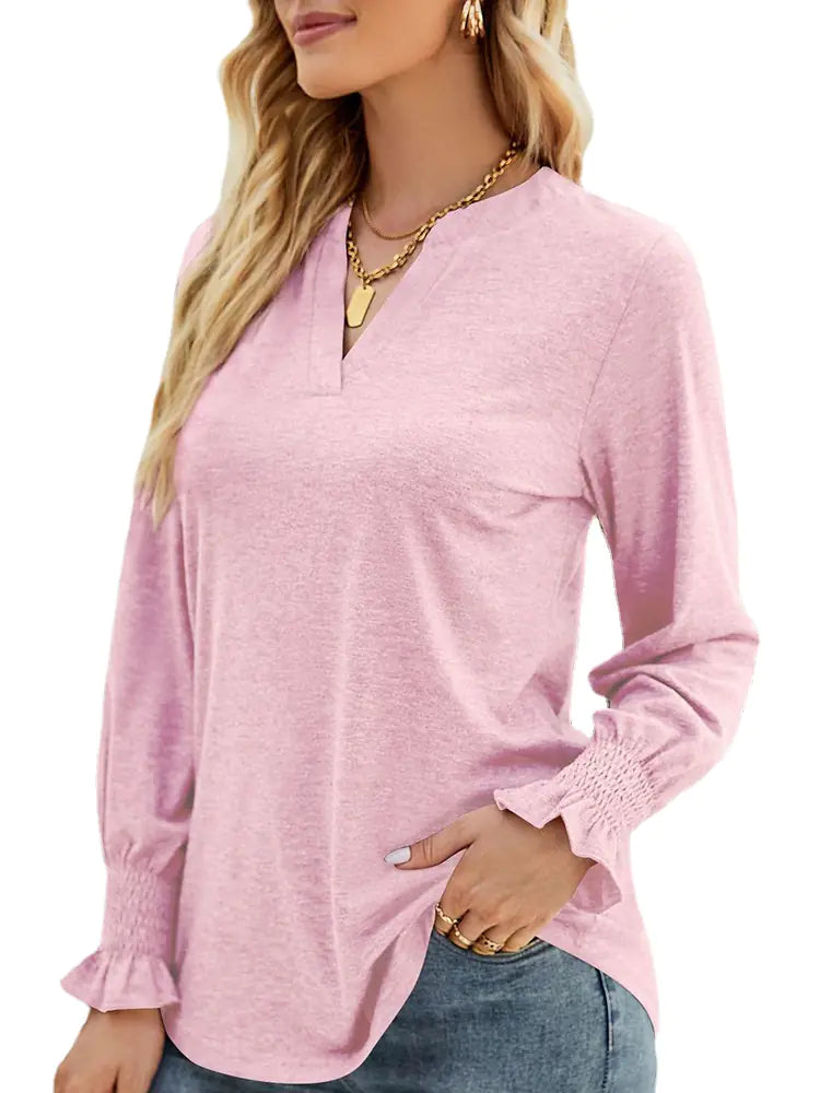 Women Long Sleeve V-Neck Lightweight Sweatshirt with Smocked Cuffs - Image 27