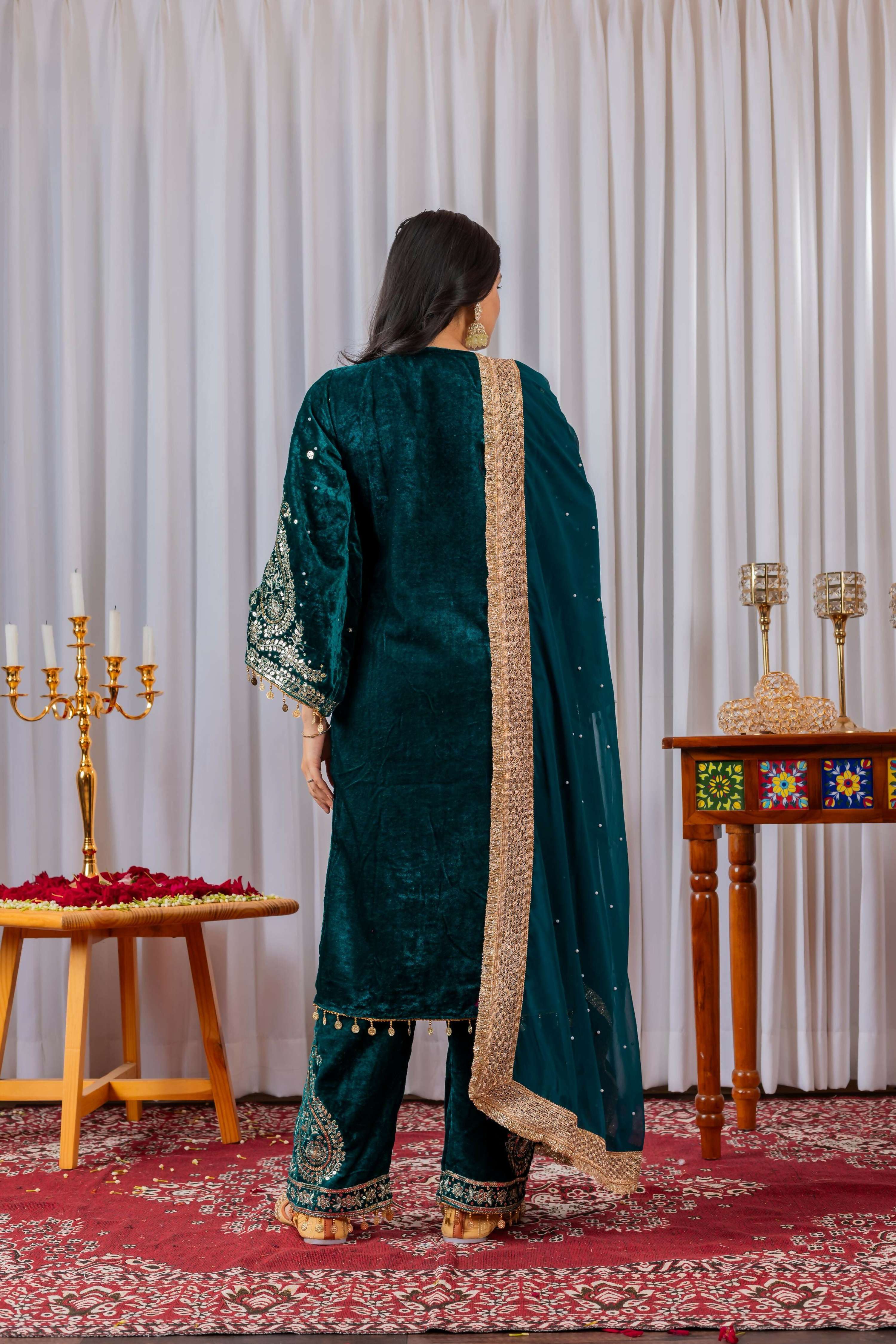 Deep Teal Velvet Embroidered Kurta Set for Women