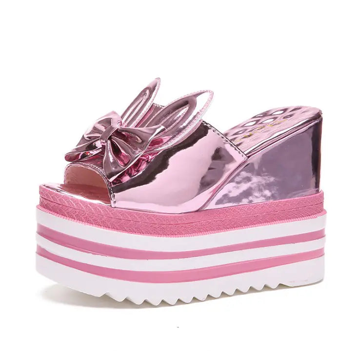 Women's Platform Wedge Sandals with Playful Rabbit Ear Bow Design - Image 9