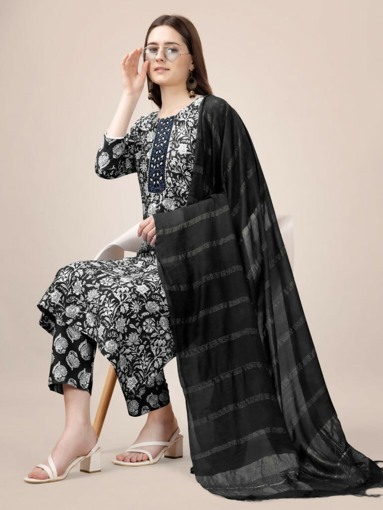 Women's Black Rayon Printed Kurta Set with Embroidery & Lace