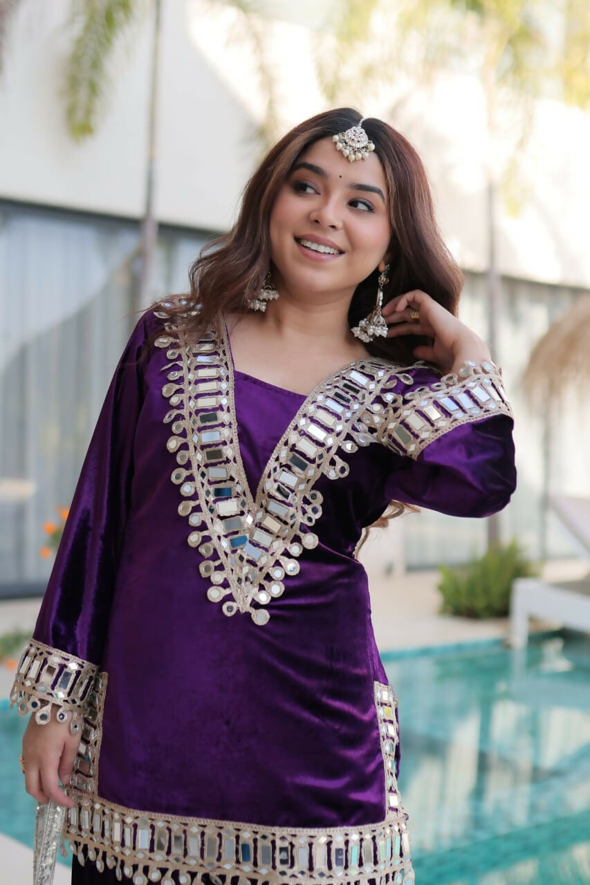 Purple Velvet Embroidered Sequence Work Readymade Kurta Set