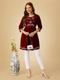 Maroon casual top featuring intricate embroidery and sequence work in viscose rayon