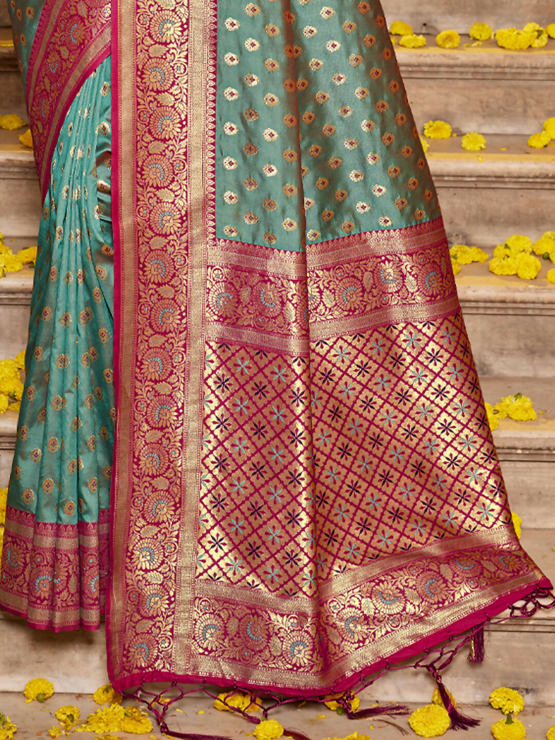 Sea Green Banarasi Silk Saree with Magenta Blouse