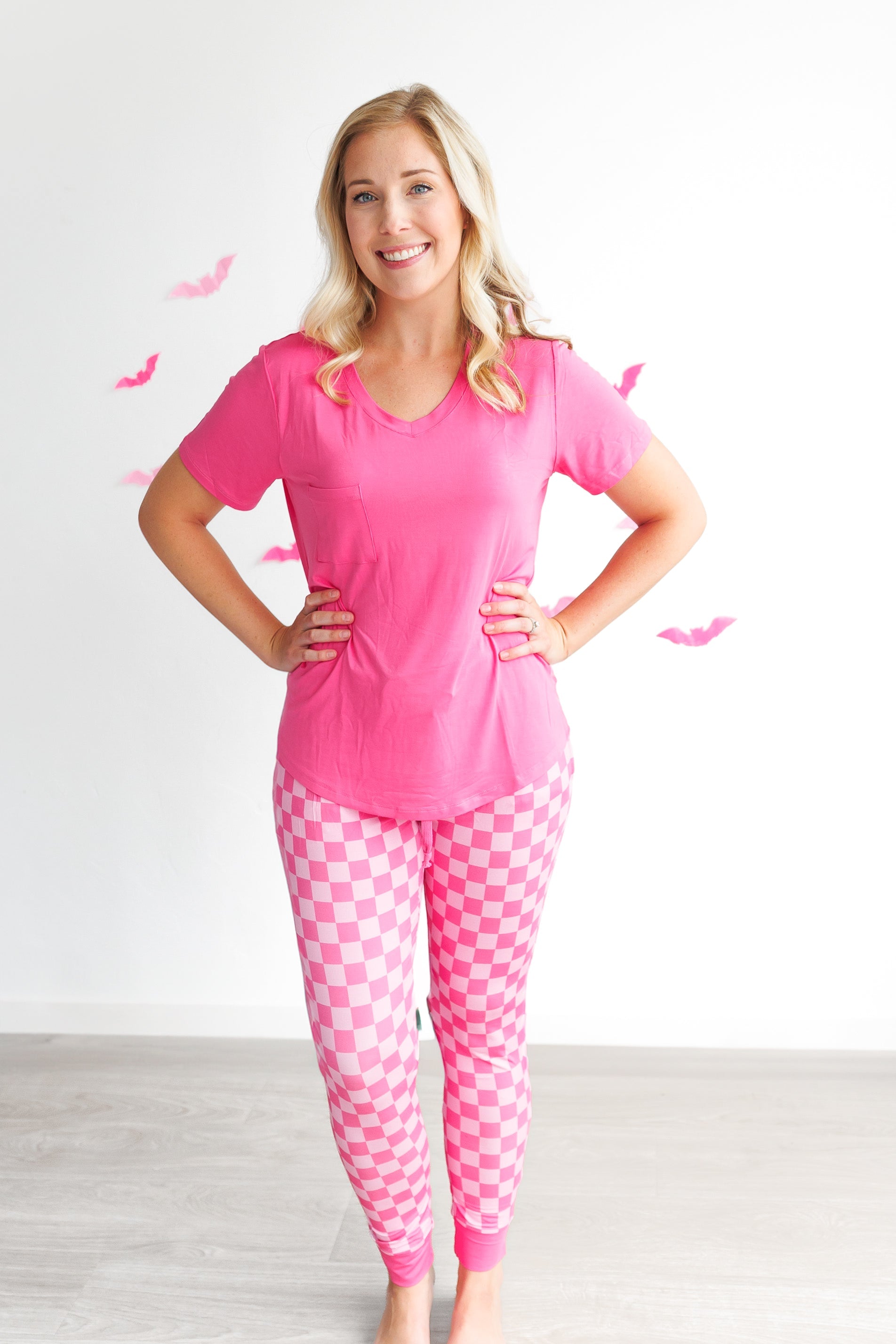 Women's Pink Check Bamboo Joggers Ultra-Soft Loungewear - Image 4