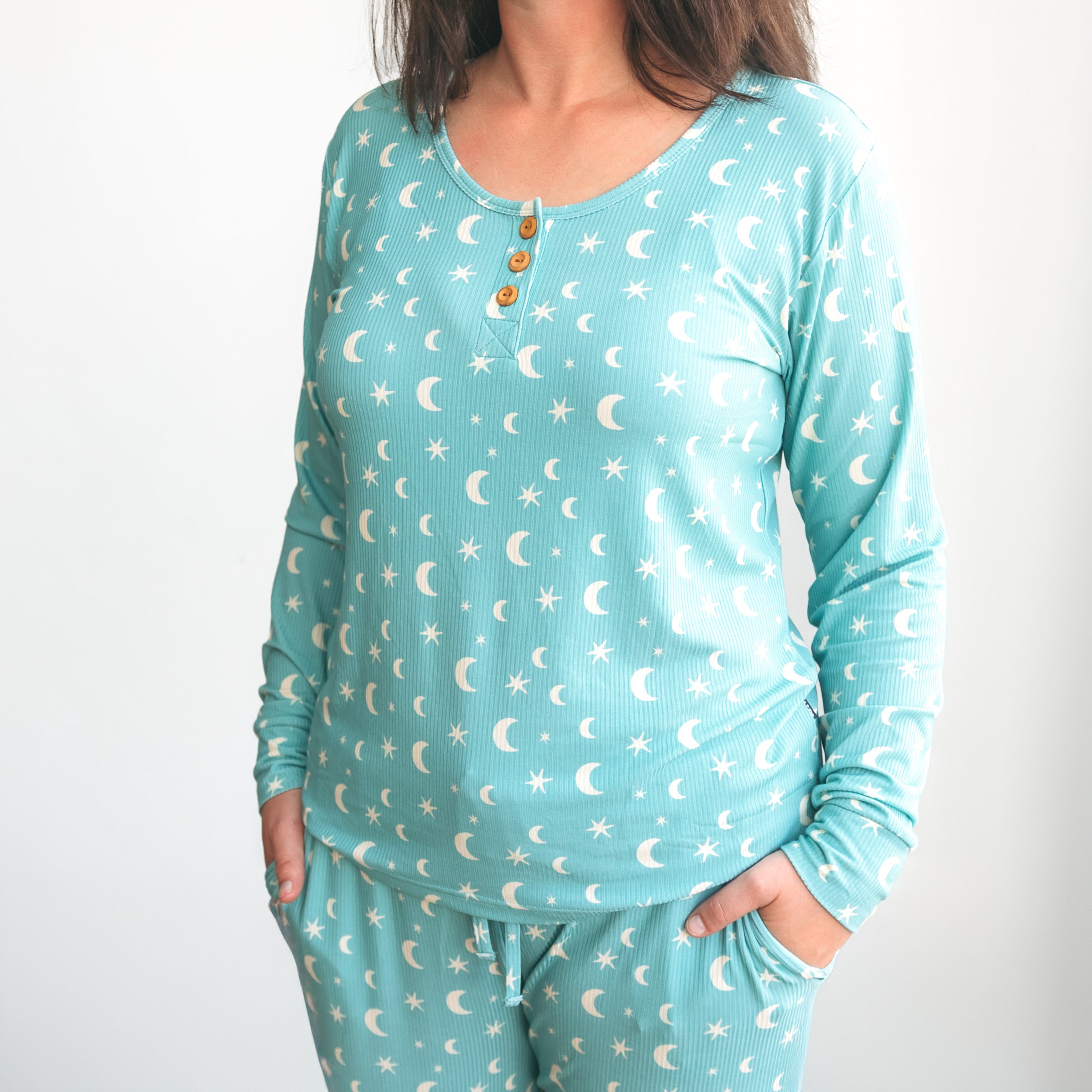 Womens Ribbed Moon and Stars Pajama Set in Teal - Image 5
