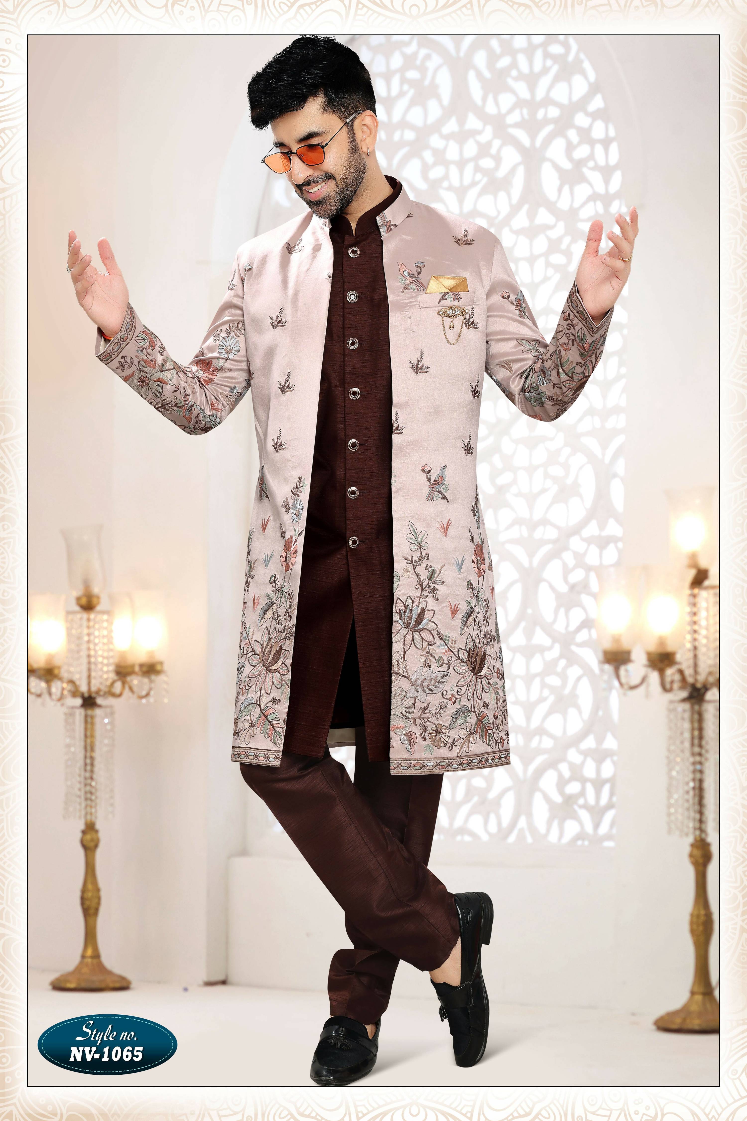 Men's skin brown straight silk kurta set with detailed thread and sequence embroidery