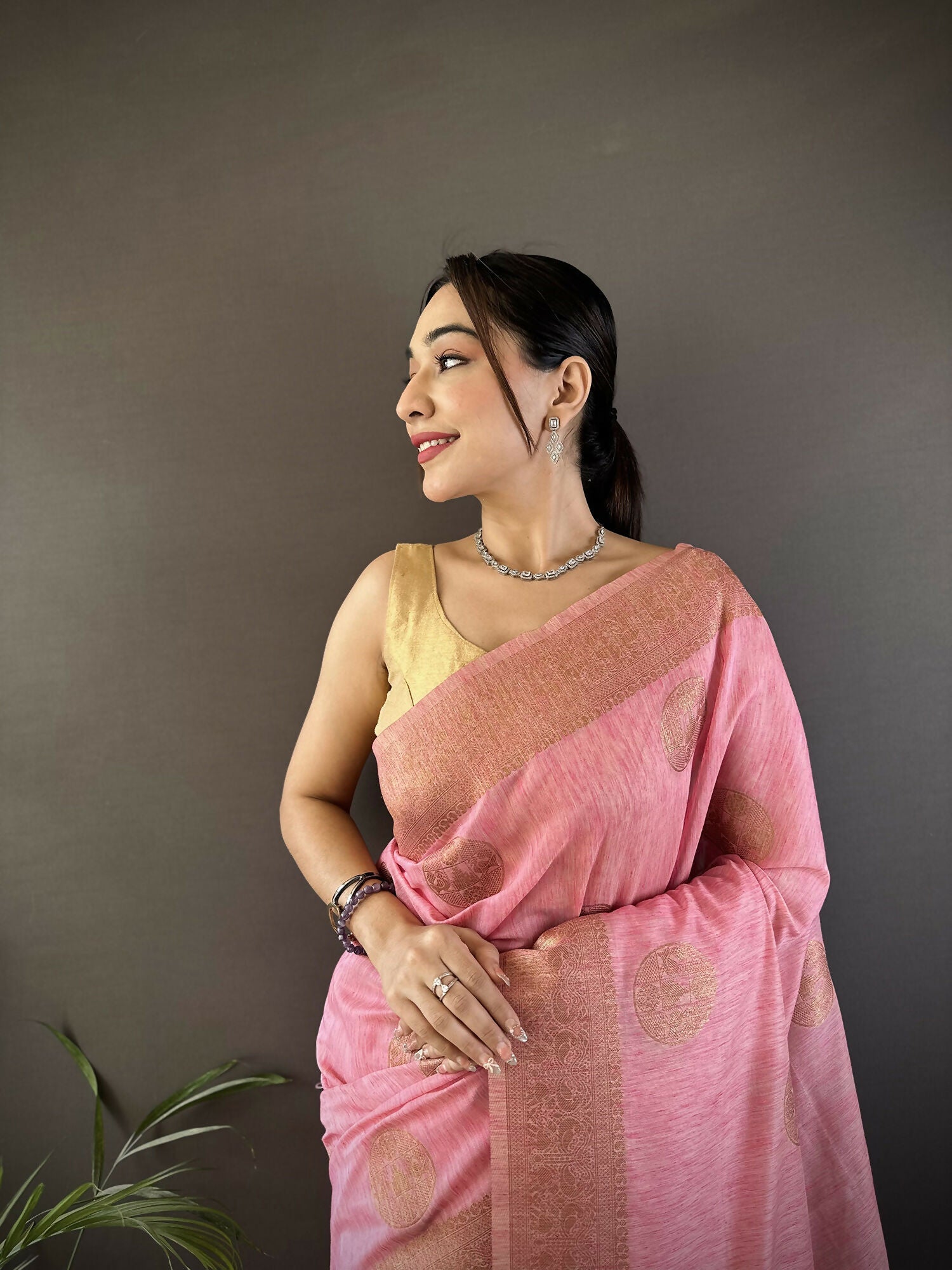 Pastel Pink Floral & Paisley Linen Silk Banarasi Saree