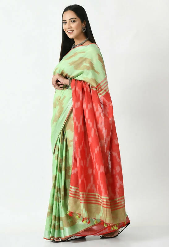 Light Green and Red Bhagalpuri Ikat pure cotton saree with matching blouse piece