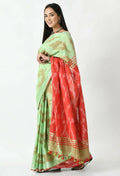 Light Green and Red Bhagalpuri Ikat pure cotton saree with matching blouse piece