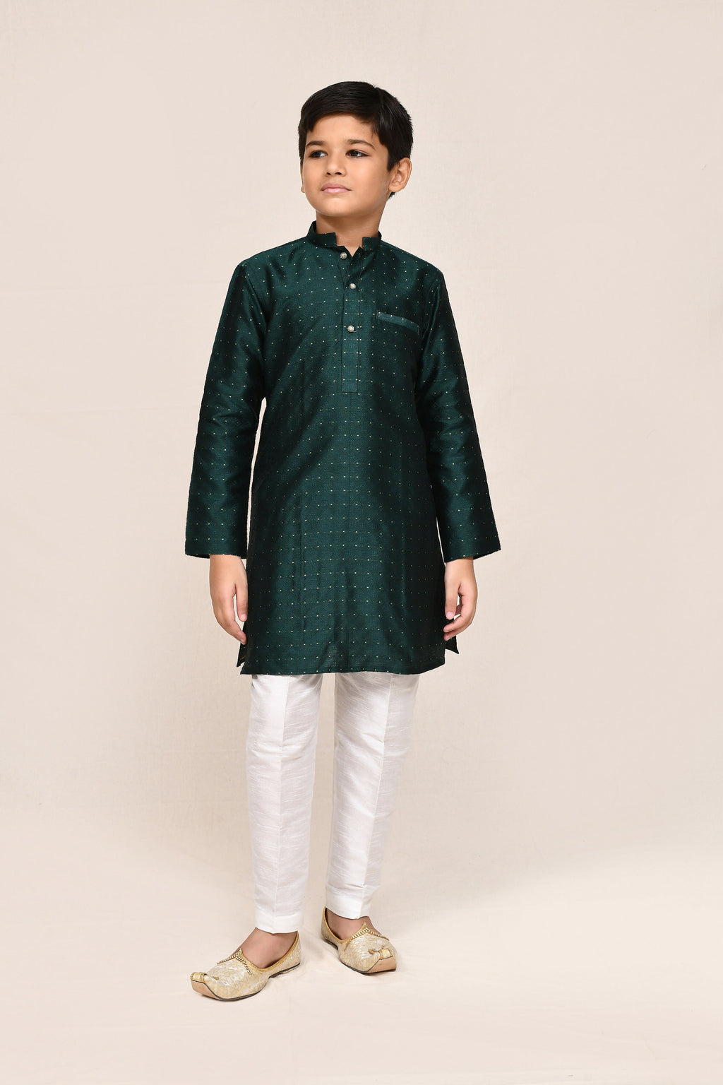 Bottle green jacquard silk kurta with white straight fit pants