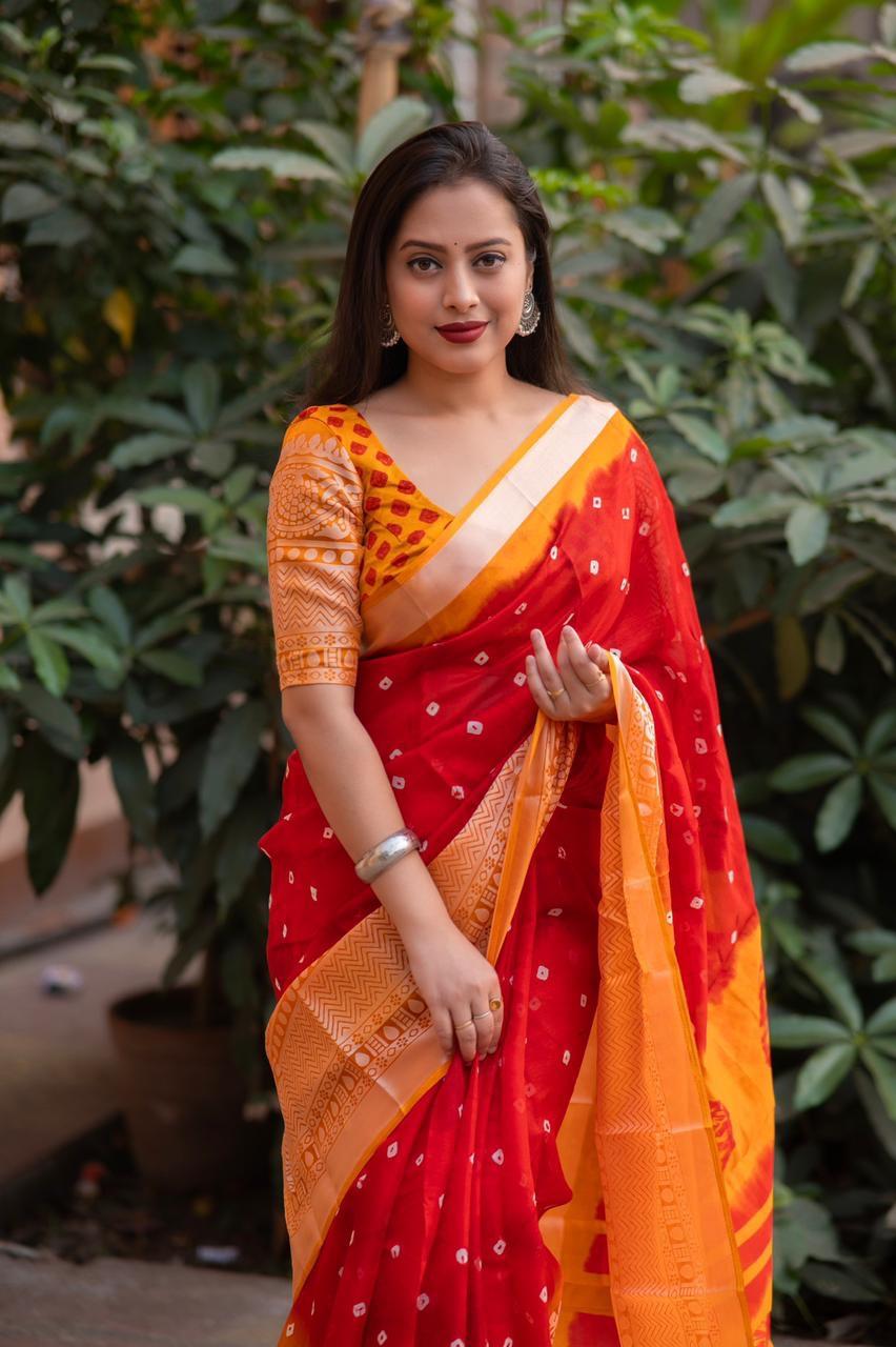 Red Jute Silk Bandhani Print Saree with Cut Broaso Border