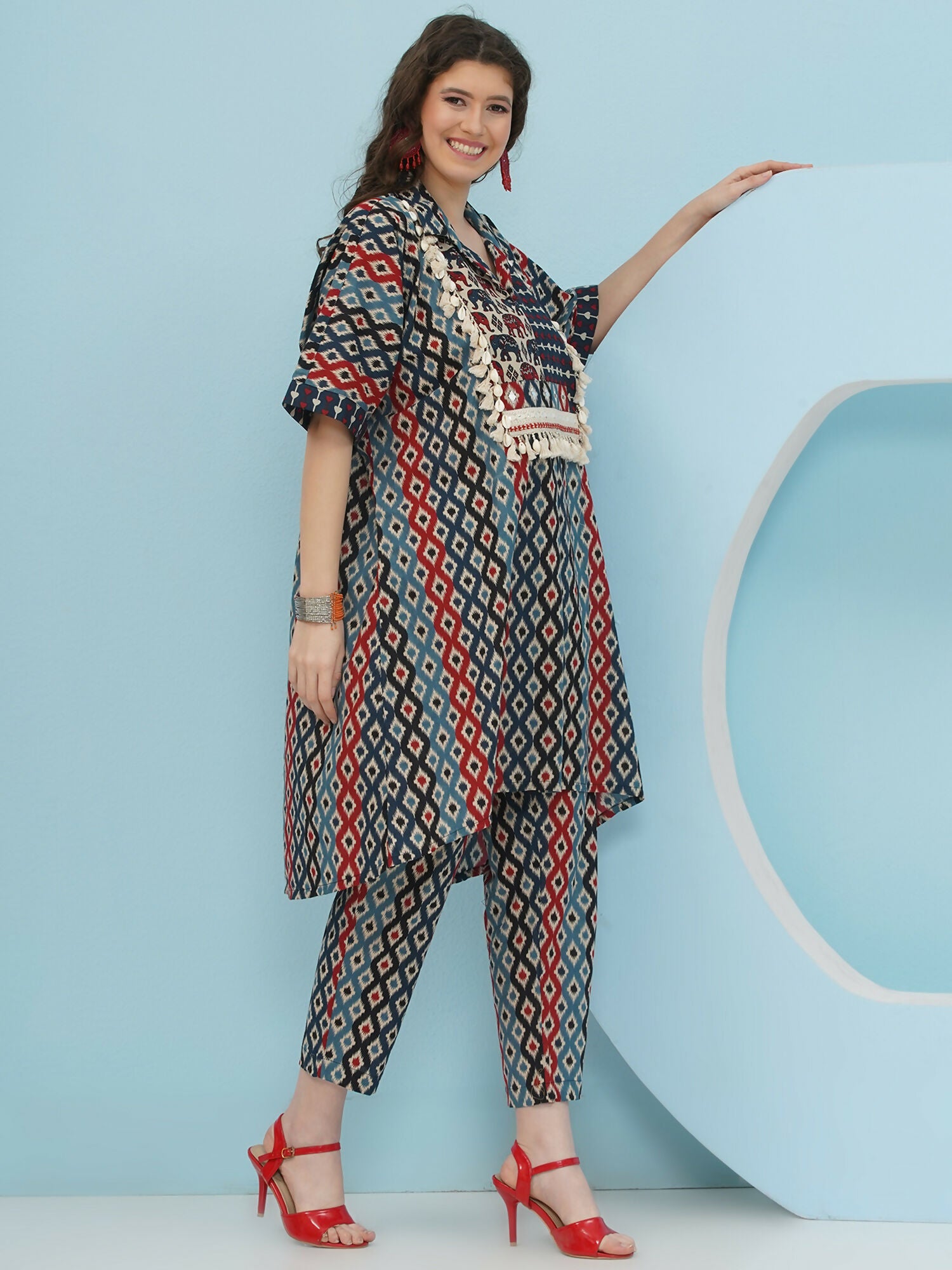 Blue Red Ikkat Print Cotton Kaftan Set for Women