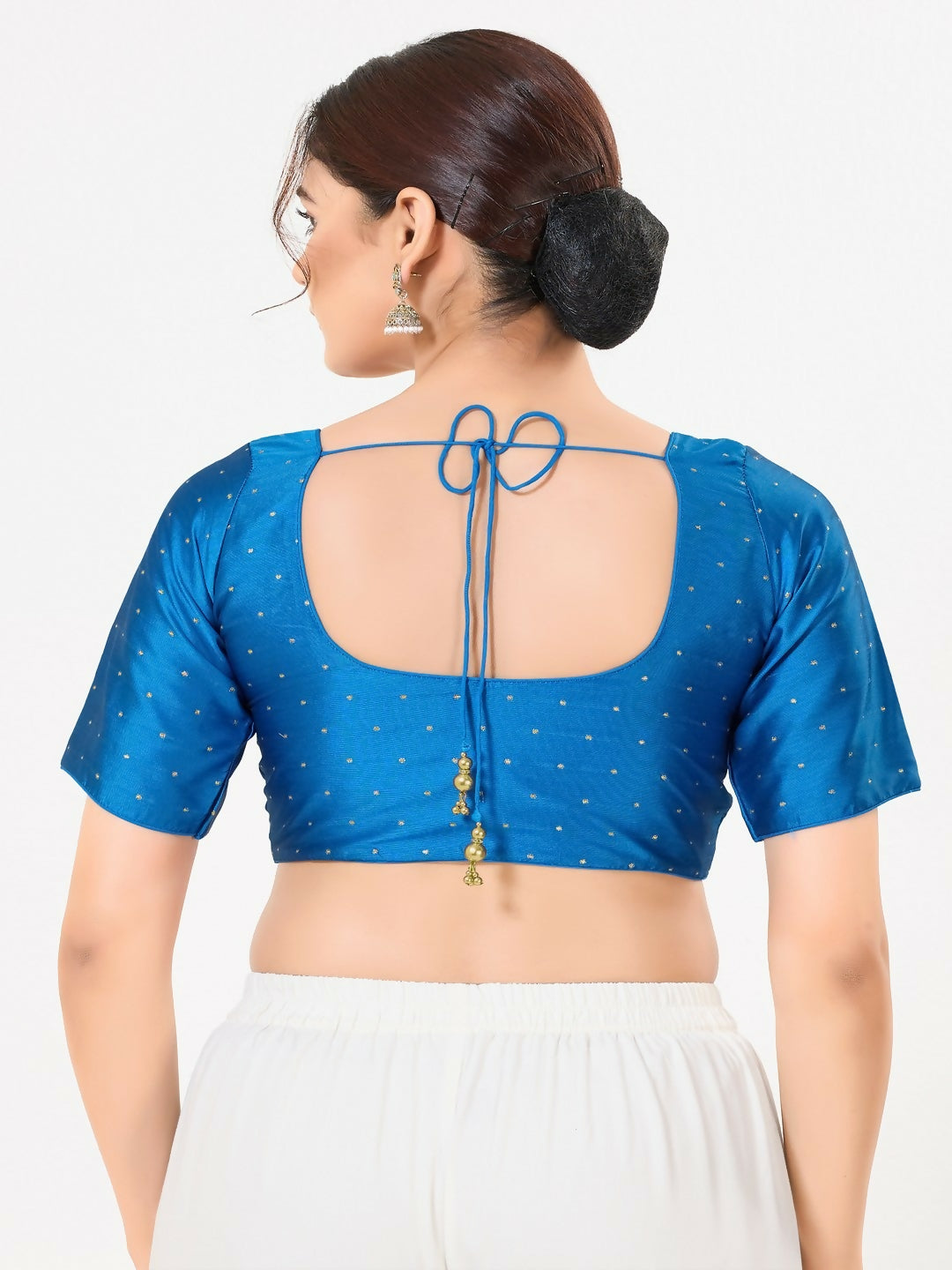 Cobalt-Blue Taffeta Silk Round Neck Front Open Blouse