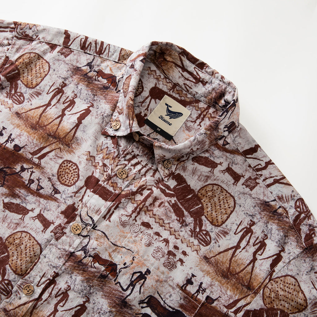 Vintage Aloha Shirt Dawn of Artistry Cave Painting Print Cotton