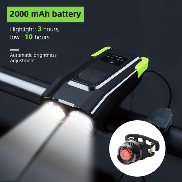 800 Lumen USB Rechargeable Bike Headlight with Integrated Horn